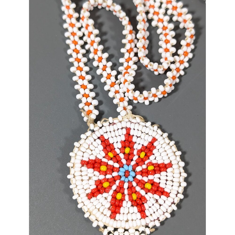 Vintage Native Triple Medallion Seed Bead Necklace Leather Back 24" - Picture 4 of 8